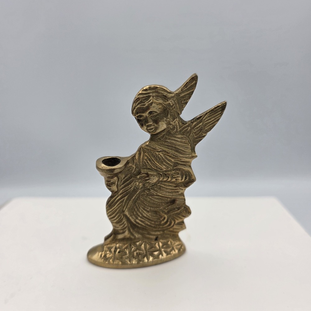 Vintage Brass Metal Mini Candle Holder Winged Angel  Gold Tone 3" x 2" MCM